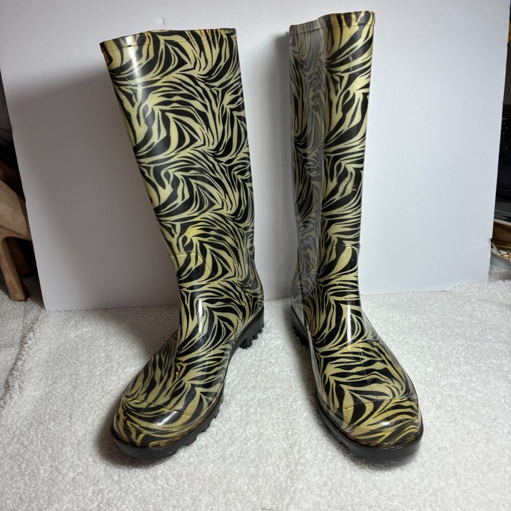 Capelli Rain‎ Boots Wm 10 Animal print stripe black tan 14" high